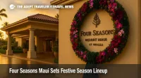 Golden hour exterior at Four Seasons Resort Maui entrance with oversized orchid wreath and festive décor, signaling the resort's holiday season lineup