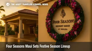 Golden hour exterior at Four Seasons Resort Maui entrance with oversized orchid wreath and festive décor, signaling the resort's holiday season lineup