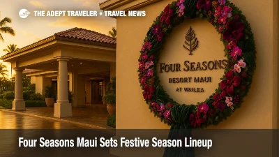 Golden hour exterior at Four Seasons Resort Maui entrance with oversized orchid wreath and festive décor, signaling the resort's holiday season lineup