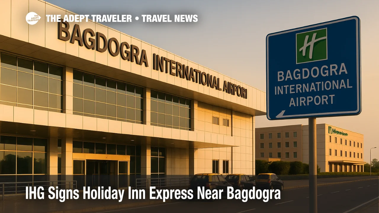 Warm late-afternoon view of Bagdogra International Airport curbside, terminal signage and taxi stand framing new Holiday Inn Express Siliguri airport news