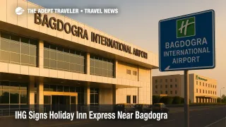 Warm late-afternoon view of Bagdogra International Airport curbside, terminal signage and taxi stand framing new Holiday Inn Express Siliguri airport news