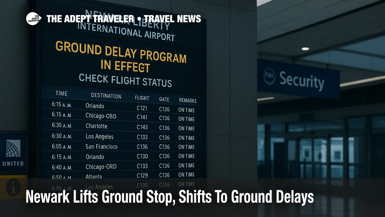 Newark Liberty departures board shows Ground Delay Program in effect, with wet reflections and security wayfinding during staffing-related delays