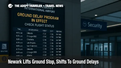 Newark Liberty departures board shows Ground Delay Program in effect, with wet reflections and security wayfinding during staffing-related delays