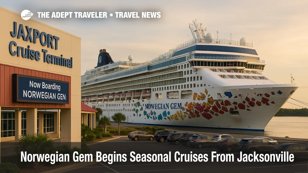 Norwegian Gem docked at JAXPORT Cruise Terminal in Jacksonville, Florida, with terminal signage visible as Norwegian Cruise Line begins seasonal sailings