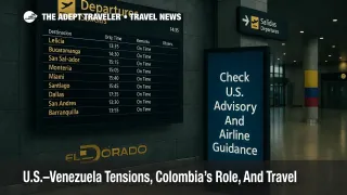 El Dorado departures board with "Check U.S. Advisory and Airline Guidance" sign amid U.S.-Venezuela tensions affecting travel