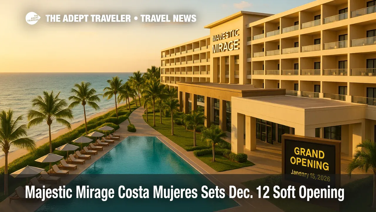 Golden-hour view of Majestic Mirage Costa Mujeres with beachfront infinity pool and Caribbean backdrop highlighting the resort's soft opening savings