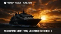 Atlas Ocean Voyages yacht at Ushuaia's passenger terminal under bright overcast skies, highlighting the extended Black Friday sale deadline of December 5