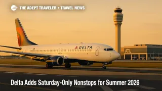 Delta aircraft at an Atlanta international gate with screen reading Grenada GND, Saturday-only summer 2026 route launch
