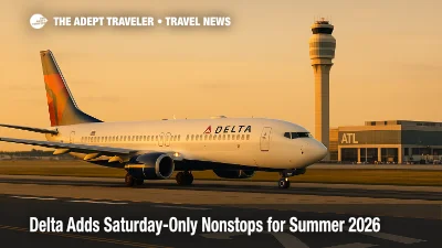 Delta aircraft at an Atlanta international gate with screen reading Grenada GND, Saturday-only summer 2026 route launch