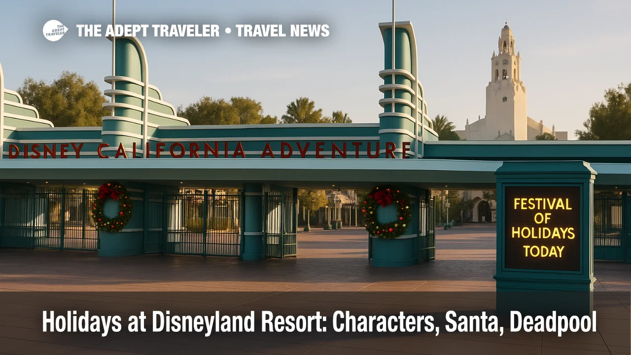 Holidays at Disneyland Resort signage at Disney California Adventure entrance with festive wreaths and Carthay Circle Theatre visible down Buena Vista Street