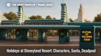 Holidays at Disneyland Resort signage at Disney California Adventure entrance with festive wreaths and Carthay Circle Theatre visible down Buena Vista Street