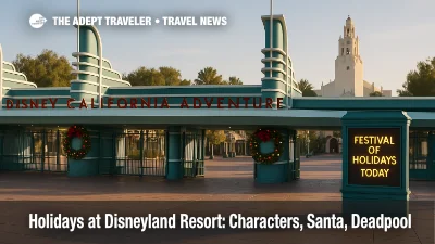 Holidays at Disneyland Resort signage at Disney California Adventure entrance with festive wreaths and Carthay Circle Theatre visible down Buena Vista Street