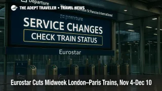Eurostar check-in at London St Pancras with "Service Changes" notice on the board, warning look, illustrating midweek London-Paris cancellations