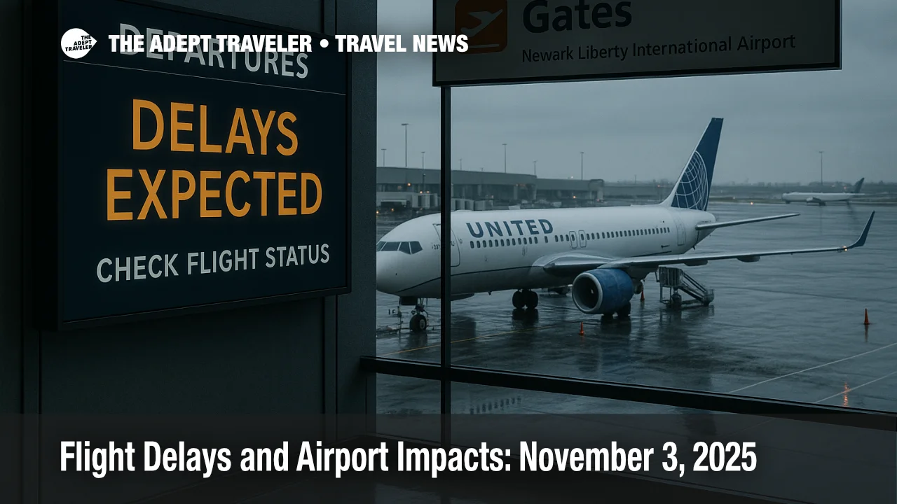 Newark departures board showing "Delays Expected" with rainy reflections at EWR, illustrating staffing-driven flight delays and regional airport impacts