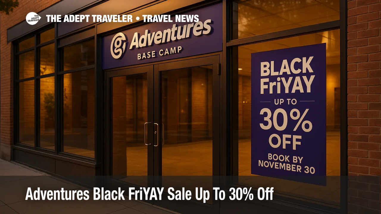 G Adventures Base Camp entrance in Toronto with a Black FriYAY sale poster promoting up to 30% off, book by November 30, 2025