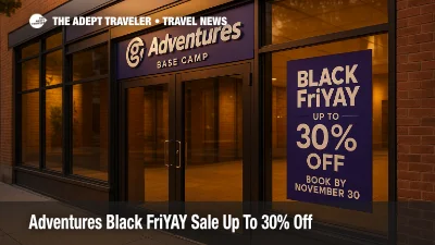 G Adventures Base Camp entrance in Toronto with a Black FriYAY sale poster promoting up to 30% off, book by November 30, 2025
