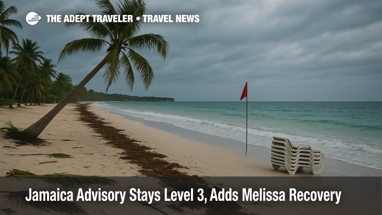 Sangster International Airport terminal and jet bridge during limited operations, Jamaica travel advisory update after Hurricane Melissa