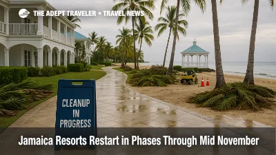 leanup after Hurricane Melissa at a Jamaica resort, wet walkway, fallen palm fronds, gazebo and utility cart by the beach