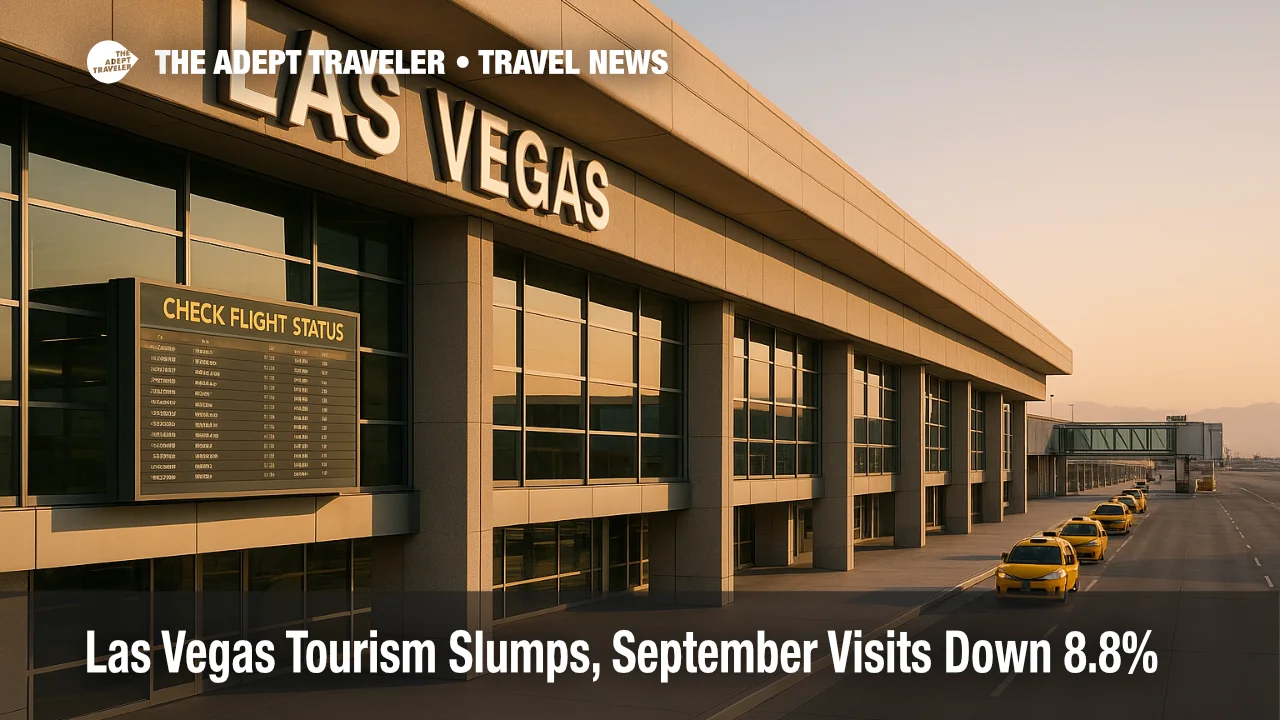 Exterior view of Harry Reid International Airport with terminal signage and taxi queue, illustrating Las Vegas tourism slump and airport activity
