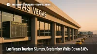 Exterior view of Harry Reid International Airport with terminal signage and taxi queue, illustrating Las Vegas tourism slump and airport activity