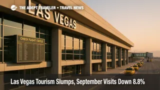 Exterior view of Harry Reid International Airport with terminal signage and taxi queue, illustrating Las Vegas tourism slump and airport activity