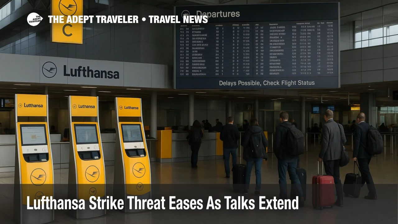 Overcast scene in Frankfurt Airport check-in hall, Lufthansa signage and a board reading "Delays Possible," signaling a strike warning update