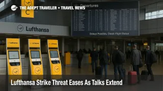 Overcast scene in Frankfurt Airport check-in hall, Lufthansa signage and a board reading "Delays Possible," signaling a strike warning update