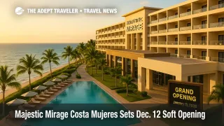Golden-hour view of Majestic Mirage Costa Mujeres with beachfront infinity pool and Caribbean backdrop highlighting the resort's soft opening savings