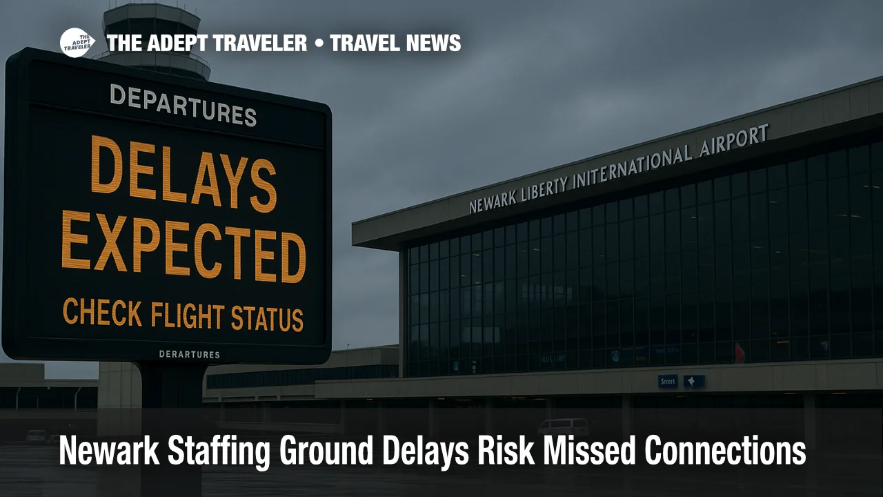 Overcast scene at Newark Liberty's departures hall with "Delays Expected" board and tower in view, signaling staffing-related Ground Delay Program impacts