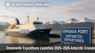 Oceanwide Expeditions ship docked at Ushuaia with Andes backdrop, signaling Antarctic cruise departures and the 2025-2026 Deep South season