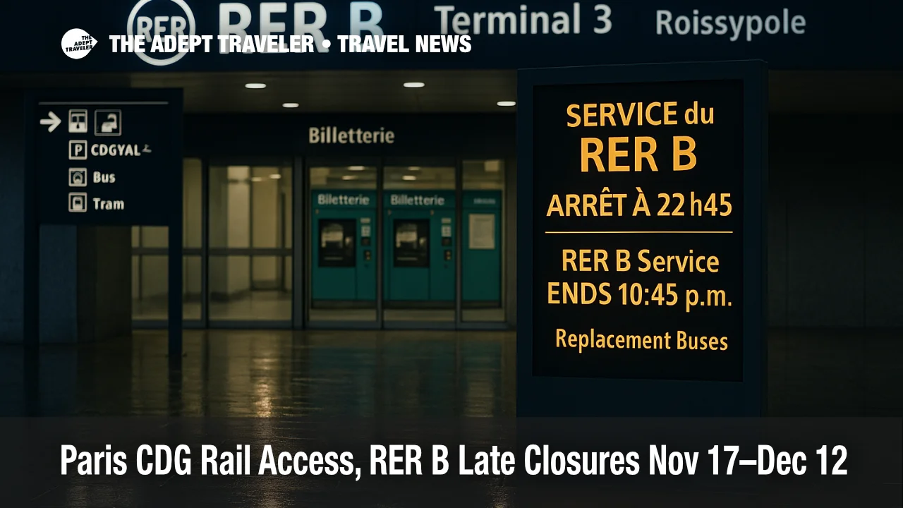 RER B entrance at Paris Charles de Gaulle with digital sign noting 10:45 p.m. service end and replacement buses, late evening wet reflections, CDG rail access warning