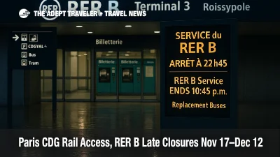 RER B entrance at Paris Charles de Gaulle with digital sign noting 10:45 p.m. service end and replacement buses, late evening wet reflections, CDG rail access warning