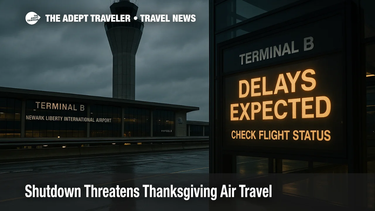Overcast scene at Newark Liberty's tower and Terminal B with a "Delays Expected" board visible, illustrating shutdown travel delays before Thanksgiving
