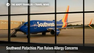 Gate-area view of a Southwest 737 at Dallas Love Field with a screen announcing Extra Legroom seats starting January 27, 2026, reflecting the pistachios rollout