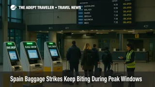 Early-morning bag-drop at Madrid-Barajas with "Delays Expected" notice during Spain baggage strikes, travelers queue briefly at kiosks