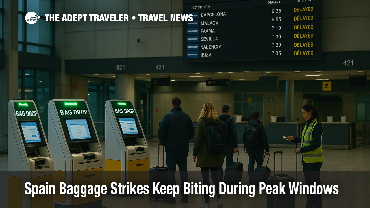 Early-morning bag-drop at Madrid-Barajas with "Delays Expected" notice during Spain baggage strikes, travelers queue briefly at kiosks