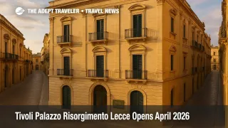 Warm late afternoon view of Tivoli Palazzo Risorgimento Lecce's limestone façade on Via Imperatore Augusto in Lecce's historic center, supplier news