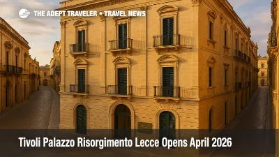 Warm late afternoon view of Tivoli Palazzo Risorgimento Lecce's limestone façade on Via Imperatore Augusto in Lecce's historic center, supplier news