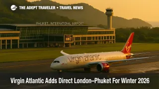 ALT text: Virgin Atlantic 787-9 taxiing at Phuket International Airport in golden light, terminal, tower, and green hills behind