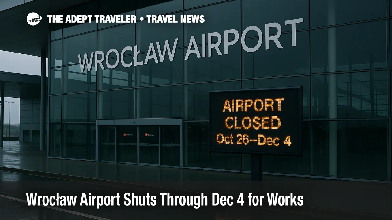 Wet curbside at Wrocław Airport with a "Airport Closed, Oct 26-Dec 4" notice visible inside, illustrating the runway upgrade shutdown
