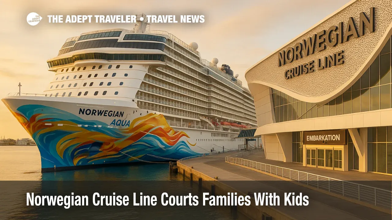 Norwegian Aqua alongside The Pearl of Miami terminal with embarkation signage, clean hull art, and bright overcast light highlighting a family-focused cruise scene