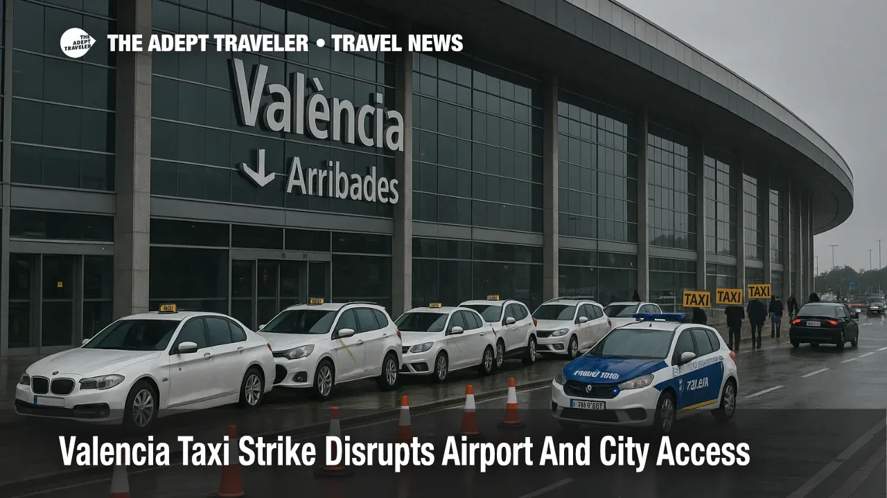 Small taxi queue and caution signage at Valencia Airport curb during a taxi strike, wet pavement and cones signaling service disruption and delays