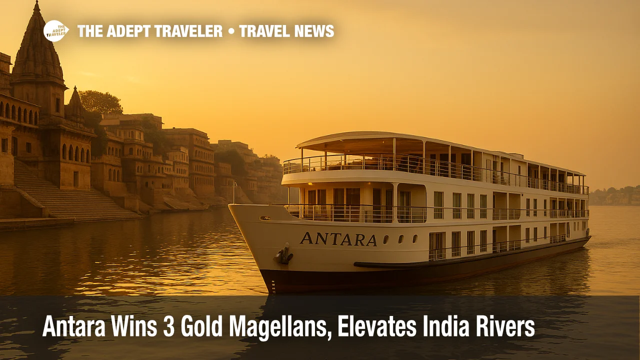 Antara river vessel at Varanasi's Dashashwamedh Ghat at golden hour, showcasing India river cruise heritage along the Ganges