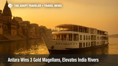 Antara river vessel at Varanasi's Dashashwamedh Ghat at golden hour, showcasing India river cruise heritage along the Ganges
