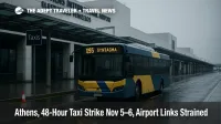 Overcast curbside at Athens International Airport with X95 bus bay signage and 