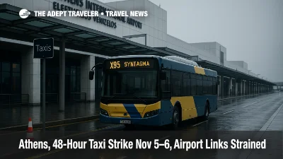 Overcast curbside at Athens International Airport with X95 bus bay signage and