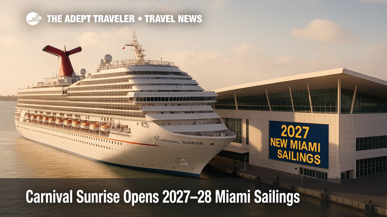 Carnival Sunrise berthed at PortMiami with terminal signage highlighting 2027-28 Miami sailings and clear afternoon skies