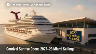 Carnival Sunrise berthed at PortMiami with terminal signage highlighting 2027-28 Miami sailings and clear afternoon skies