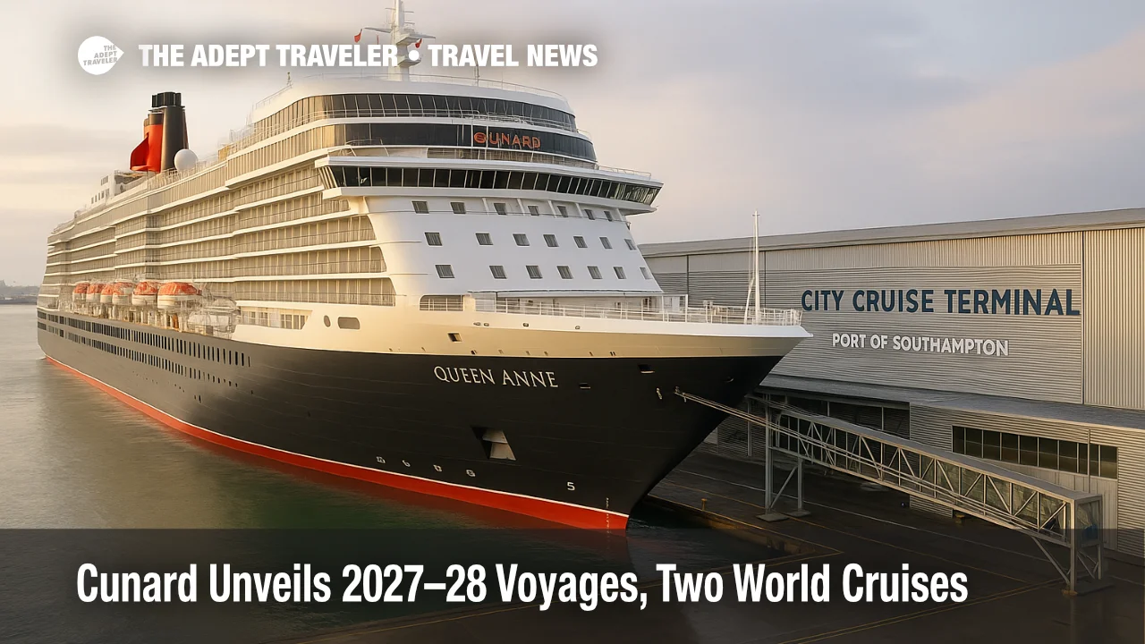 Cunard's Queen Anne berthed at Southampton's City Cruise Terminal, illustrating the line's 2027-28 voyages and January 2028 World Cruise departures