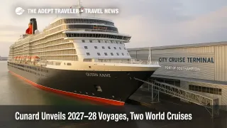 Cunard's Queen Anne berthed at Southampton's City Cruise Terminal, illustrating the line's 2027-28 voyages and January 2028 World Cruise departures